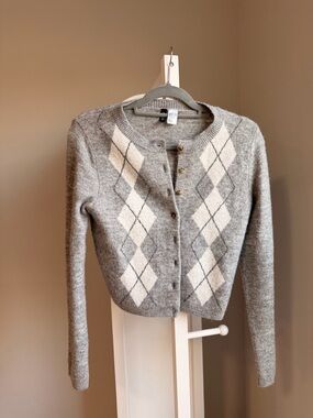 Classic Gray Argyle Cardigan Sweater